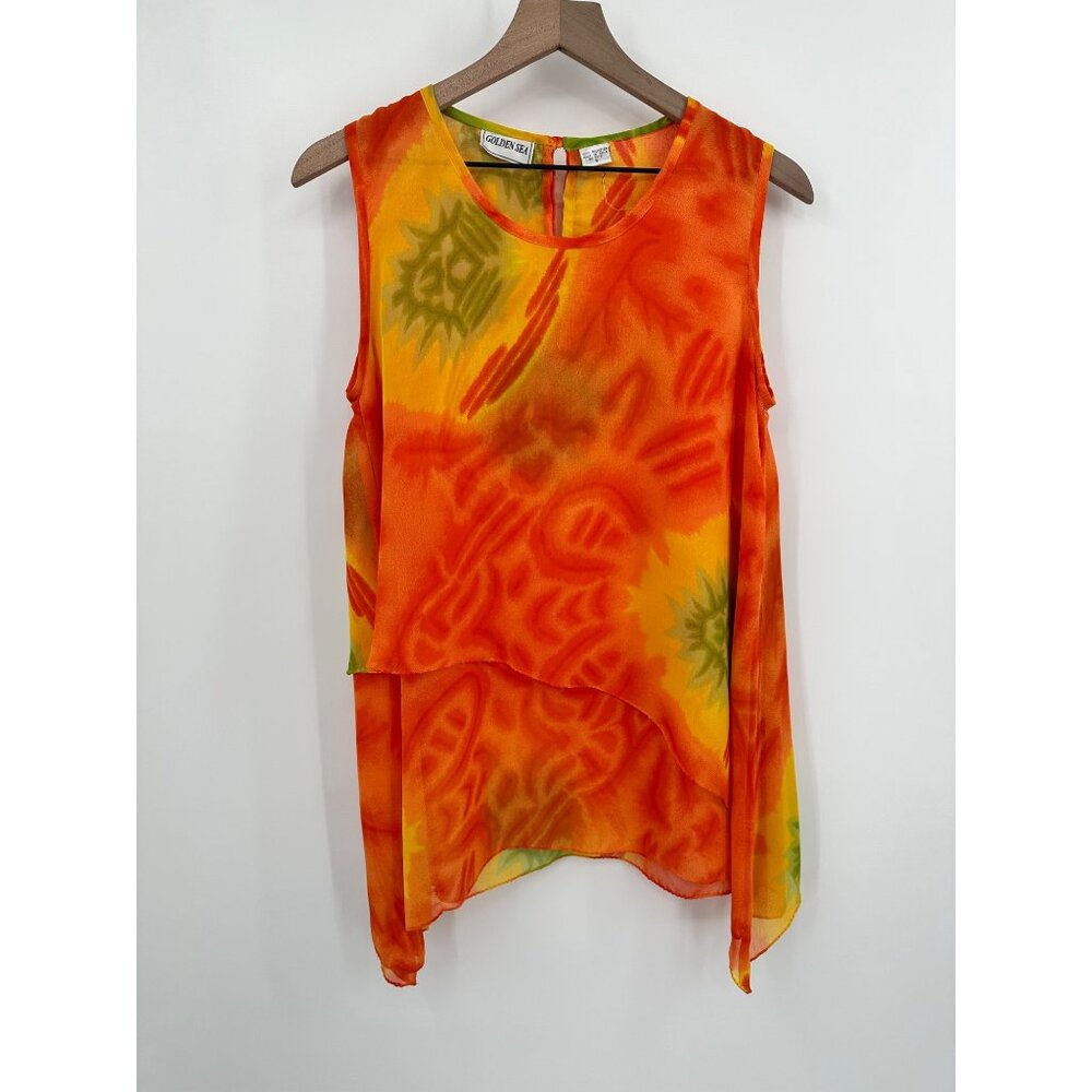 Golden Sea 3pc Skirt Set Women Small Tank Cardigan Skirt Orange Tropical Vacatio